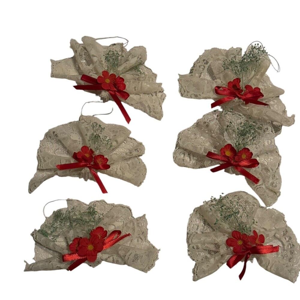 White Lace Fan Victorian Style VTG Ornaments (6) Christmas Holiday +‎ Gift Box